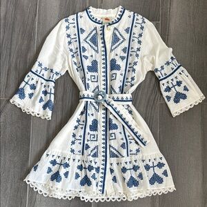 Farm Rio Embroidered White and Blue Dress.